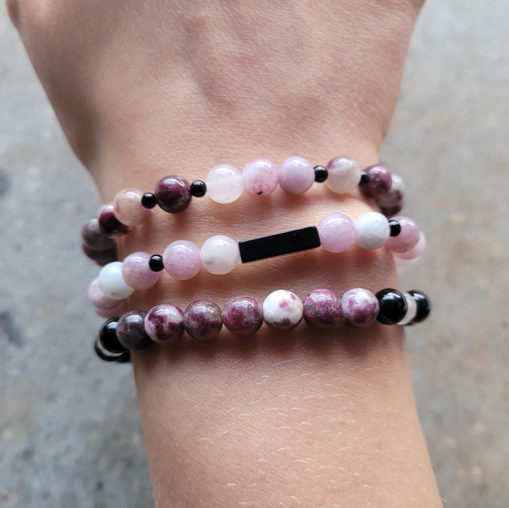 🎉HP🎉Tourmaline & Lilac Lepidolite Jasper Stone Bracelet Set of 3
